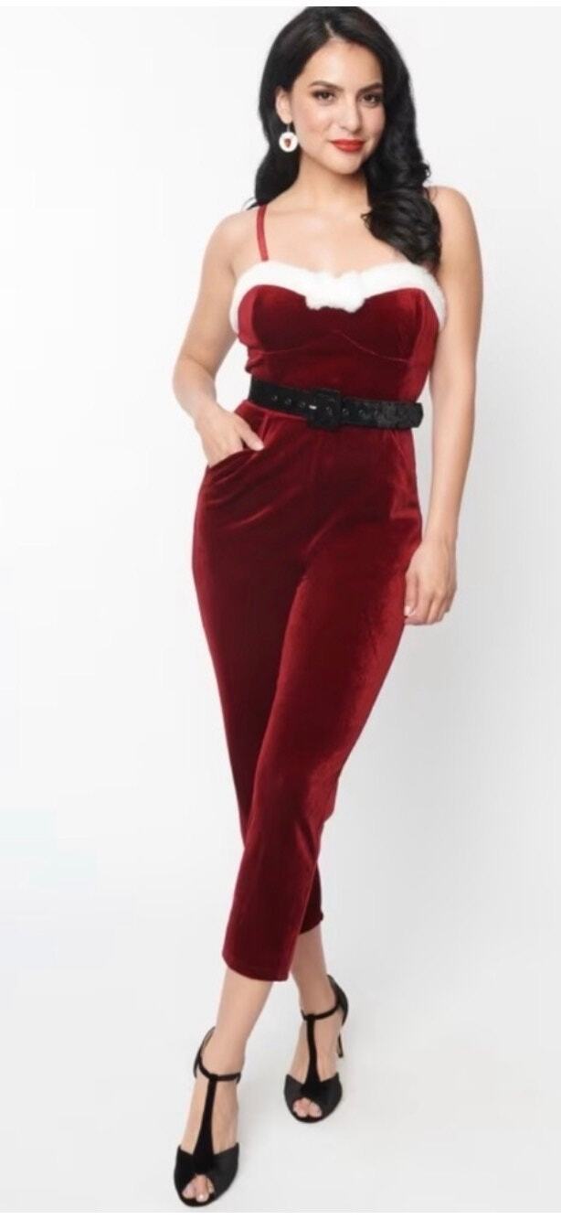 Unique Vintage Dark Red Velvet With White Faux Fur Cropped Jumpsuit 1X